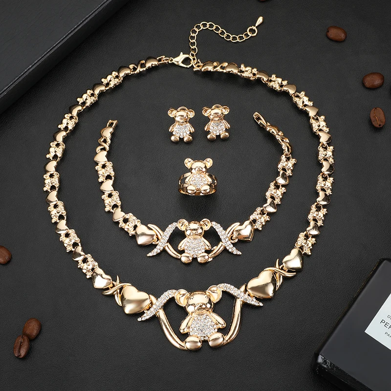 

Hotsale Bear African Dubai Gold Jewelry Nigerian Crystal Necklace Hoop Earrings Women Bridal Jewelry Sets Wedding Accessories