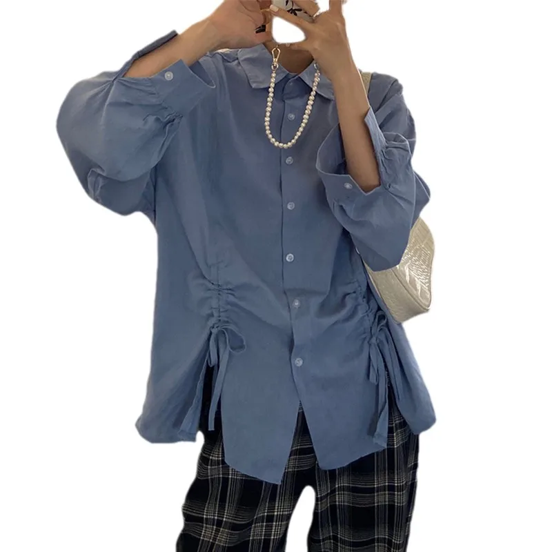 

Spring Women Long Sleeves Shirt Design Solid Turn-down Collar Loose Lantern Sleeve Blue Korean Blouse Shirt Fashion Clothing