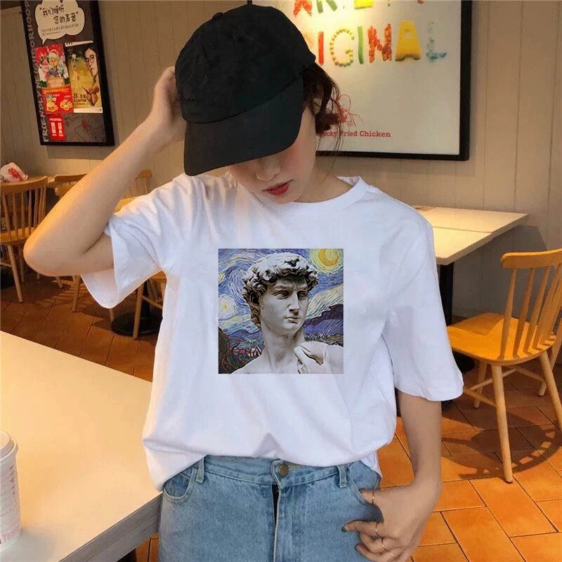 

Women New summer spoof Cute David Sculpture Printing TShirts Blowing Bubble Gum Funny Print Tshirt Girls Tops Tees Female