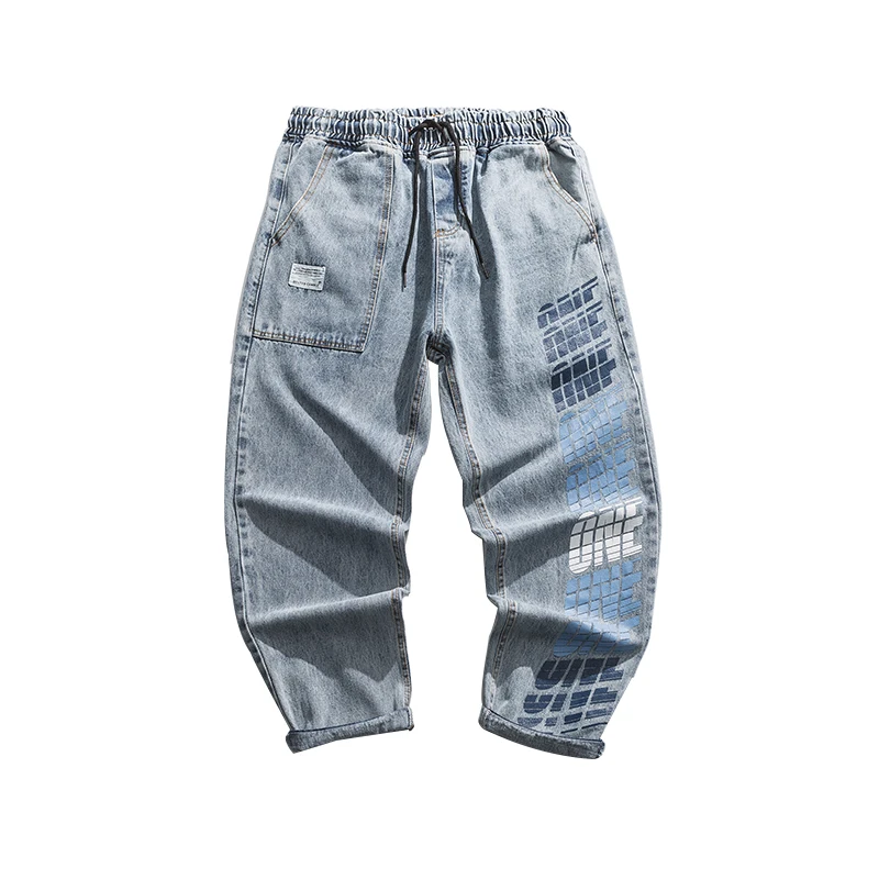 

Korean Hip Hop Letter Print Straight Leg Jeans Streetwear Male 2021 Black Elastic Waist Harlan Denim Trousers Men Clothing