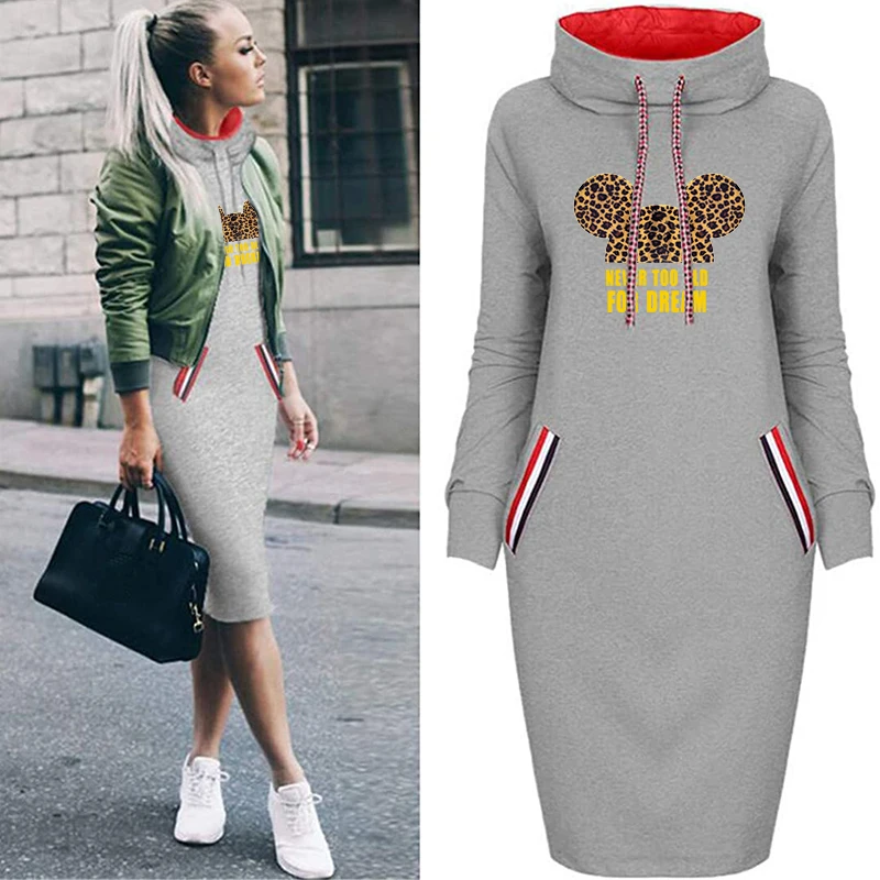 

Disney Midi Bodycon Woman Dress Elegant 2022 Mickey Mouse Print Long Sleeve Fashion Robe Femme Casual Dresses Female Clothing