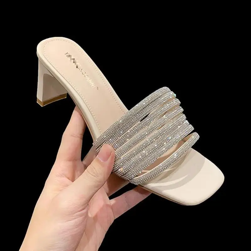 

High Heels Women Slippers 2021 Summer New Crystal Square Heel Modern Slippers Outdoor Slip On Slides Elegant Flip Flop Lady Shoe