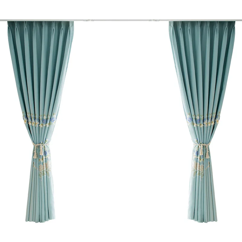 

European Style Curtains for Living Room Dining Bedroom Embossed Blue Embroidered Curtains Tulle Finished Product Customization