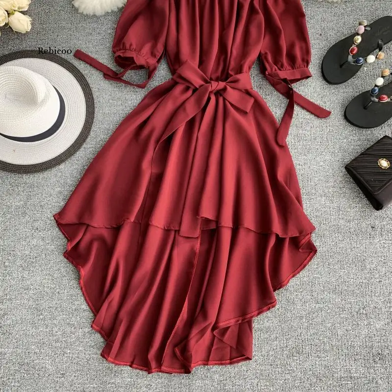 

Summer Casual Chiffon Off Shoulder Bandage Dress Women Sexy Asymmetrical Ruffle Dresses Vestidos De Festa