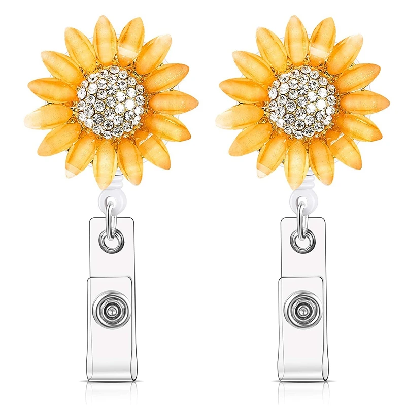 

2 Pcs Crystal Rhinestone Sunflower Badge Reel Retractable Badge Clip Name Tag Holder Reel with Alligator Clip for Nurse