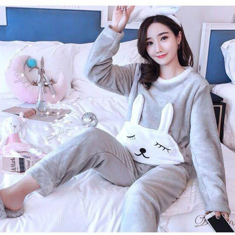 Теплый Женский пижамный комплект на осень и зиму пижама с длинными рукавами