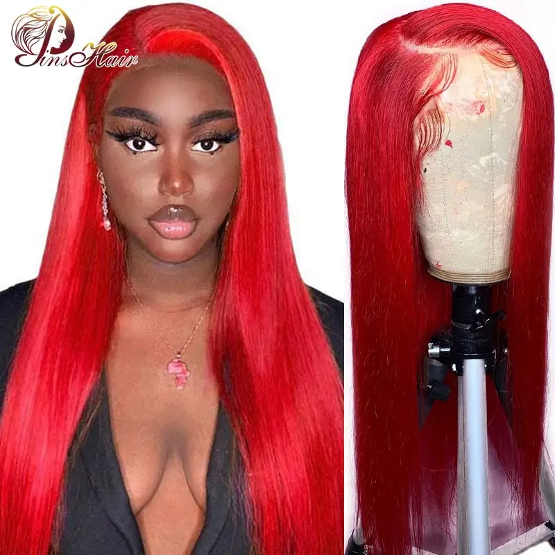 

Red 13X4 Lace Front Human Hair Wigs Red Straight Peruvian Remy Human Hair Wig Pre Plucked With Baby Hair Pinshair 180% Density