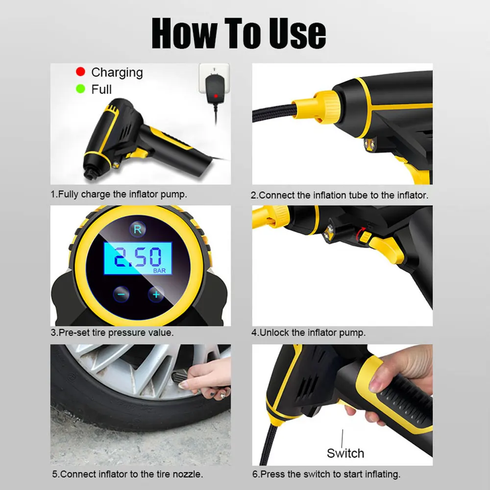 

12V Car Air Compressor Inflator Pump with LED Lamp Handheld Wireless Electric Air Pump Digital Tire Inflator for Car Motorcycle