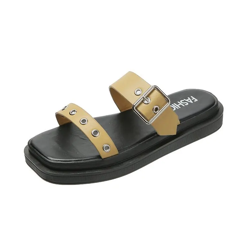 

Low Slippers Soft Rubber Flip Flops Shoes Woman 2021 Pantofle Rivet Comfort Hawaiian Flat New Summer Fretwork Fabric PU Slides H