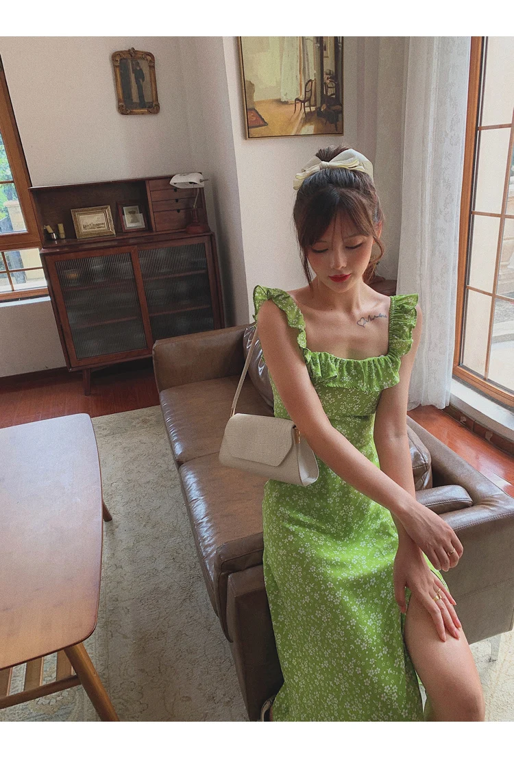 

Summer Korean fashion Vintage Fairy Green Slimming Floral High Waist Sleeveless Split Long Dress Chiffon Dress Kawaii