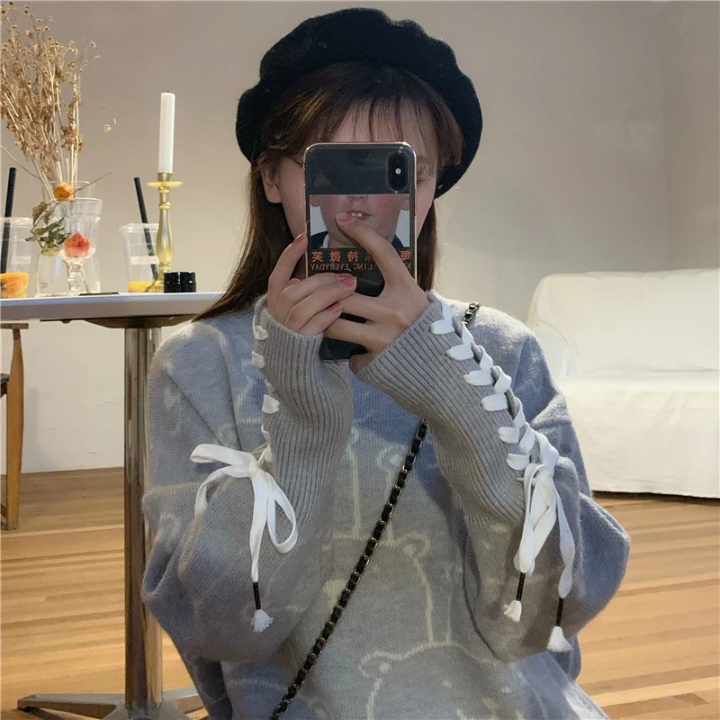 

Pullover Autumn Winter Japanese Korean Loose Knitwear Tops Sweet Bear Print Knitted Sweater Women Chic Lace-up Cuff Long Sleeve