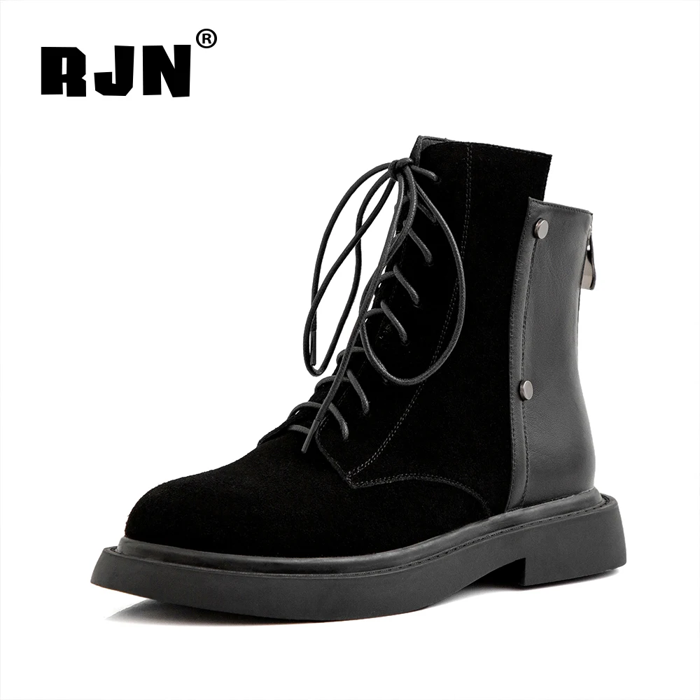 

RJN Genuine Leather Bootts For Women Suede Black Rivet Lace Up Low Heel Comfort 2020 New Autumn Winter Women Shoes RO399