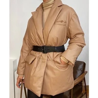 2021 back split parkas women fashion khaki single breasted thick coats women elegant pu notched cotton jackets female ladies