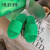 niufuni autumn green plush slippers wool outdoor flat platform womens shoes 2021 cotton slippers open toe simple slip on slides