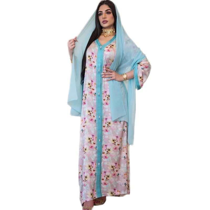 

Ramadan Eid Muslim Women Long Dress Arabic Abaya Floral Printed Middle East Dubai Turkish Mororcan Caftan Female Vestido Ethnic