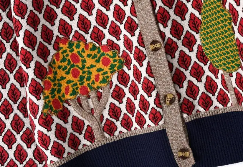 Женский кардиган с длинными рукавами Осенний вязаный листьями и деревьями