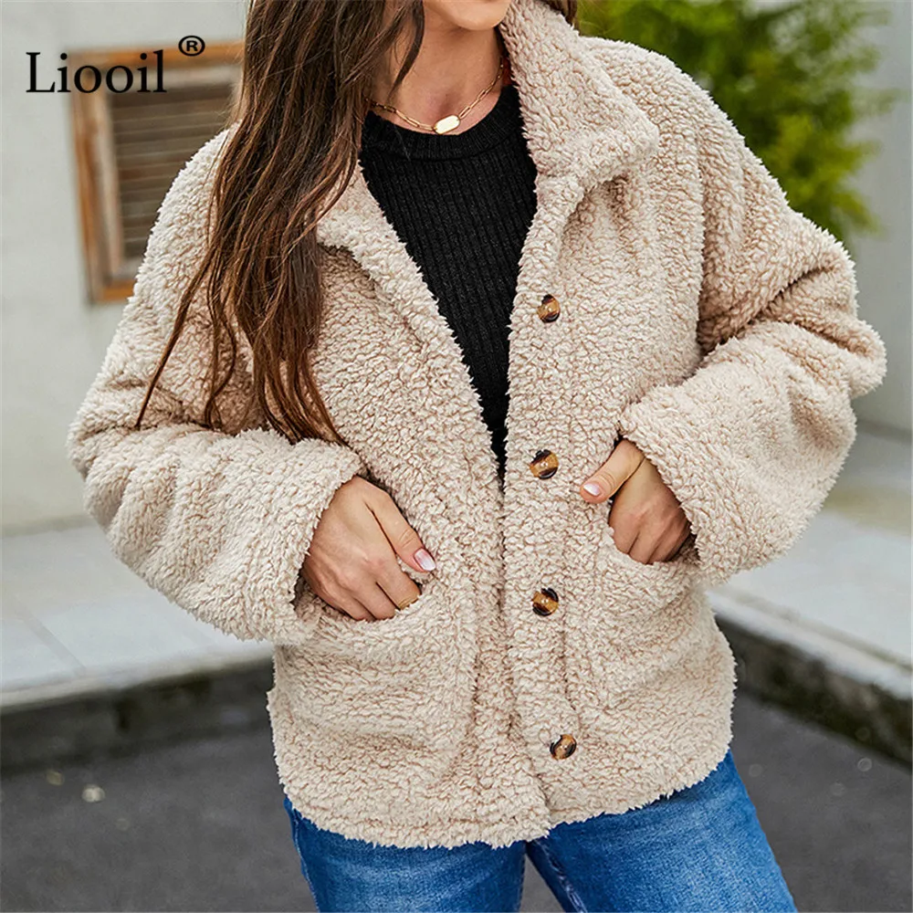 

Warm Teddy Coat Single Breasted Long Sleeve With Pockets Lamb Wool Casual Baggy Jackets For Women Streetwear Autumn Winter