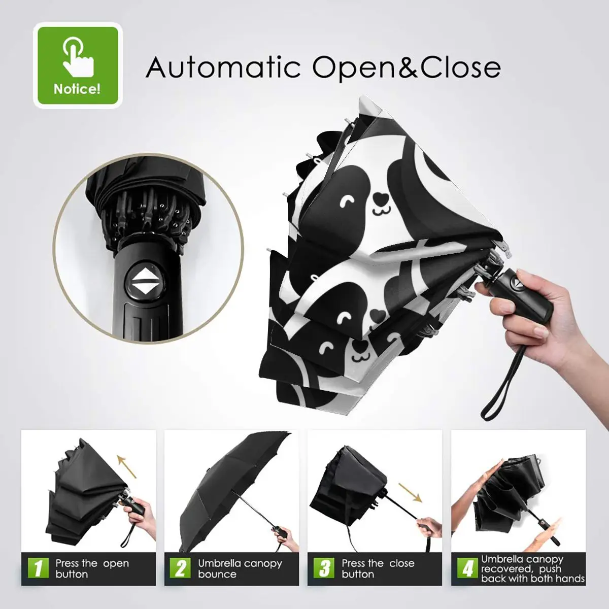 Miglior In Bianco E Nero Panda Teste Antivento Automatico Pieghevole Invertito Ombrello Portatile Paraguas Per Uomo Donna