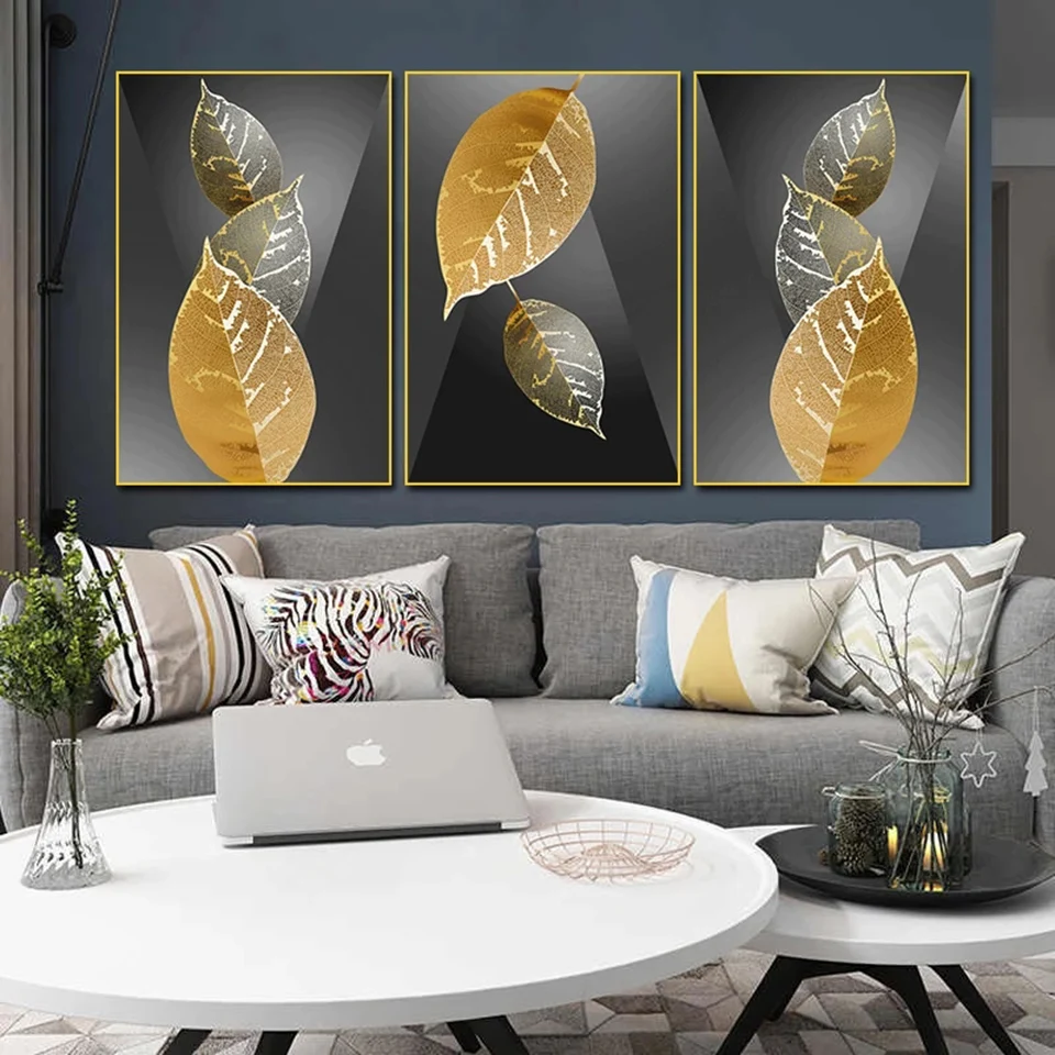 

3 панели абстрактные золотые листья, простая картина, алмазная живопись, настенное искусство, квадратные картины для гостиной, украшение дл...