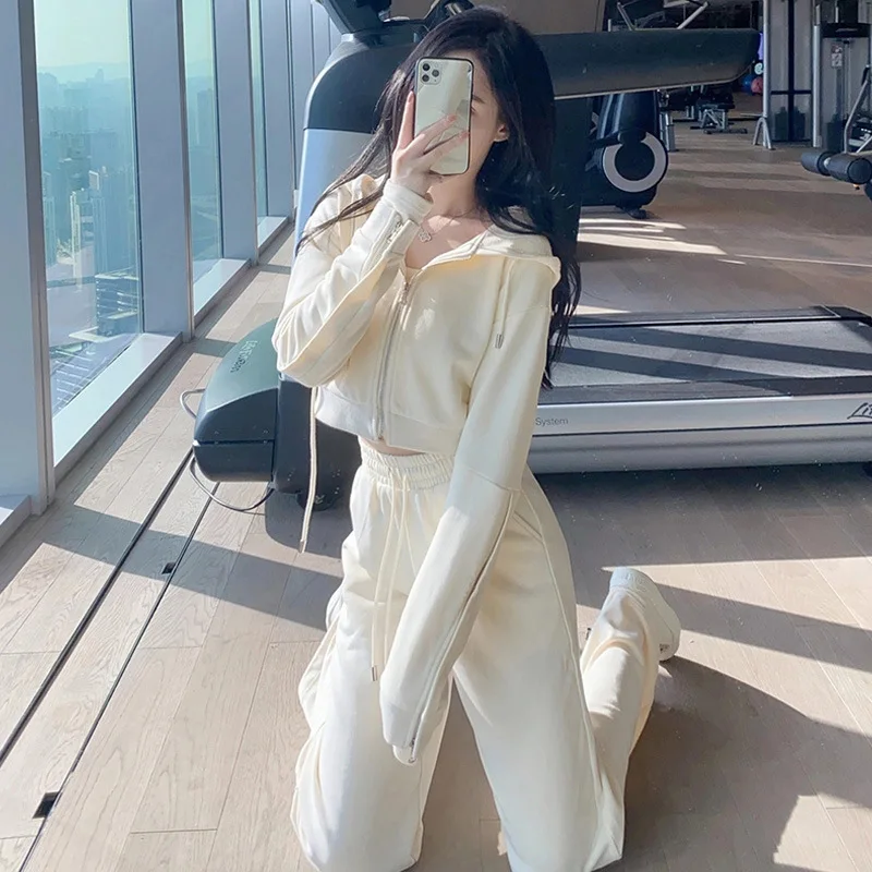 

Casual sweater suit 2021 autumn new short hooded sweater + wide-leg pants net red sports two-piece fashion women's clothing