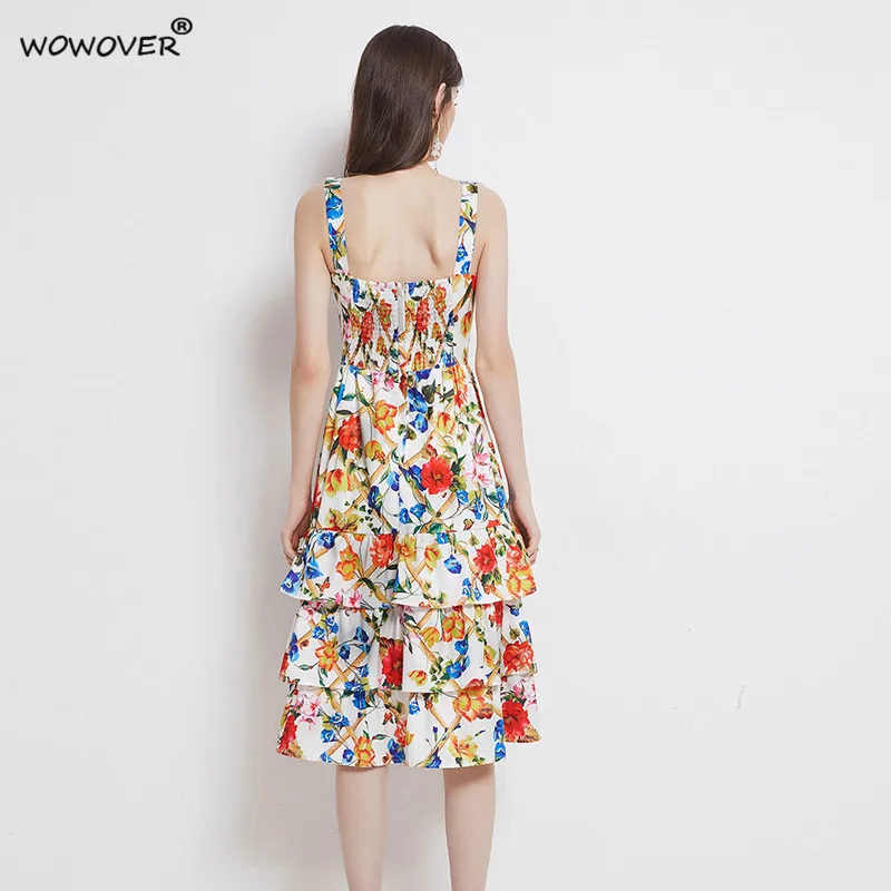 

Women Elegant Summer Runway Spaghetti Strap Dress Cascading Ruffles Print Midi Holiday Robe Femme Designers Party Vestidos
