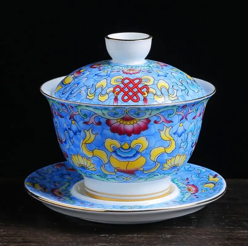 

150ml Extra Big Blue and White Porcelain Eight Treasures Gaiwan Chinese Tea Bowl Yellow Ceramic Tea Tureen Tea Cup Saucer Set