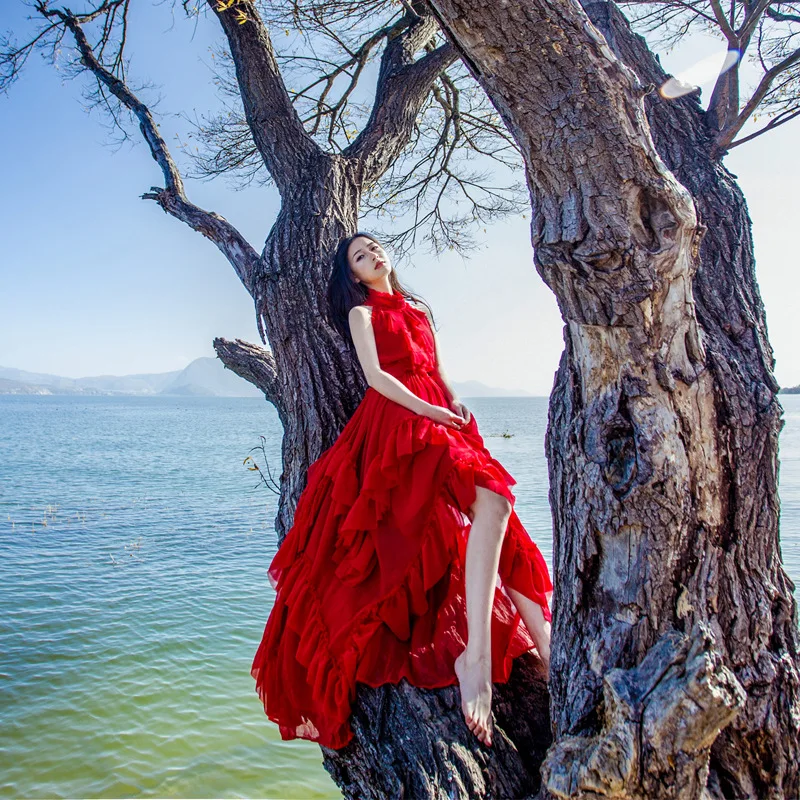 

Women's seaside holiday dress Bohemian long skirt photo red skirt Summer Beach Bali autumn