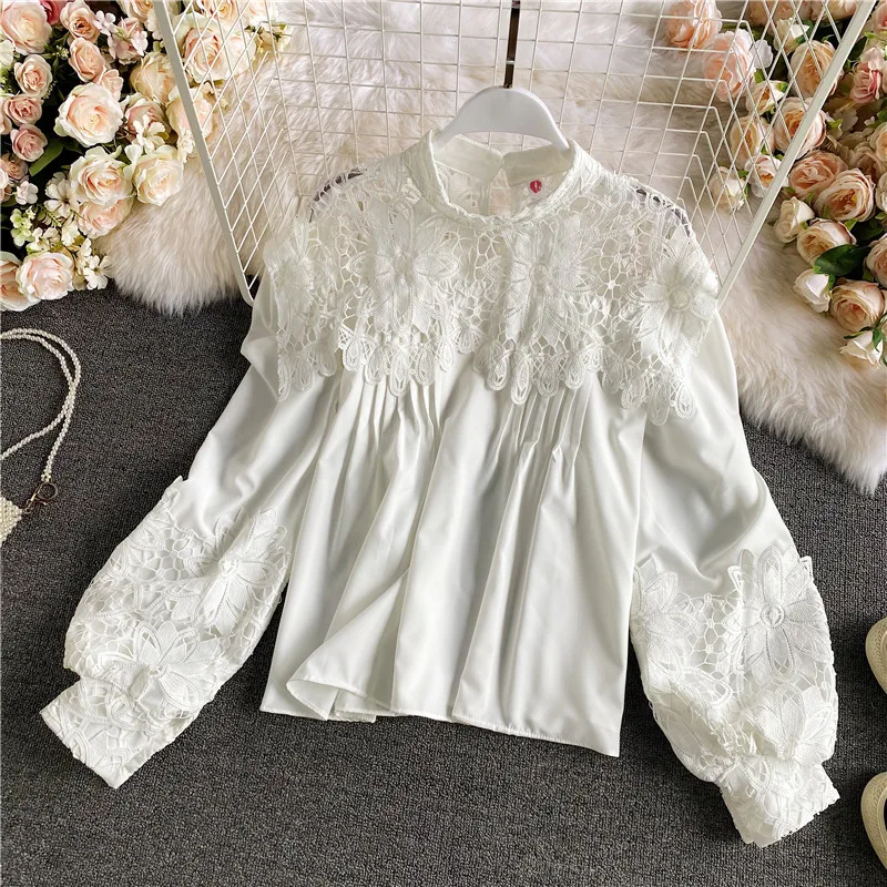 

Autumn Black/White Lace Hollow Out Blouse Women Vintage See-Through Elegant Shirts Female Lantern Long Sleeve Tops New Fashion