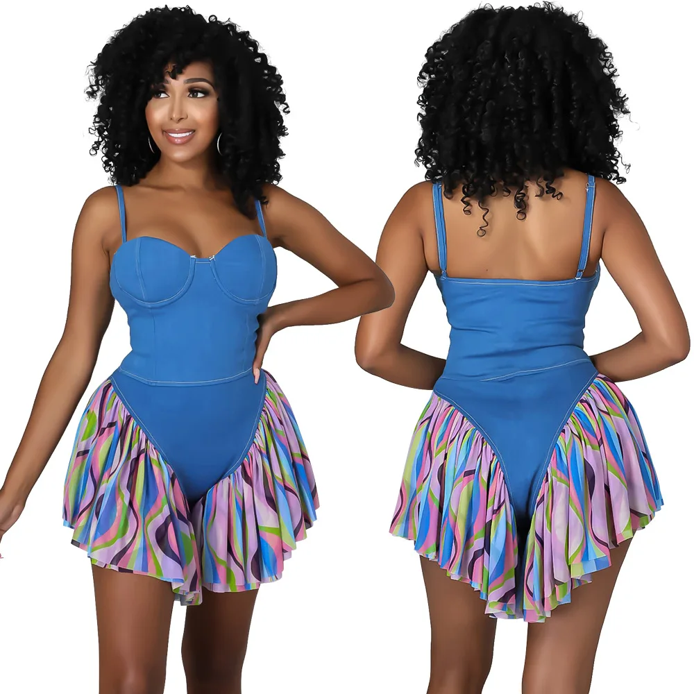 

Top Ranking Women Sexy Spaghetti Strap Jumpsuits 2021 Summer Sleeveless Backless Mesh Patchwork Cascading Ruffles Mini Rompers