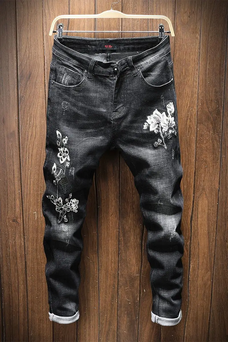 

Summer Thin Jeans Men Cotton Slim Flower Embroidered Jeans Men Pop Fashion Stretch Large Size Denim Cloth Pencil Pants