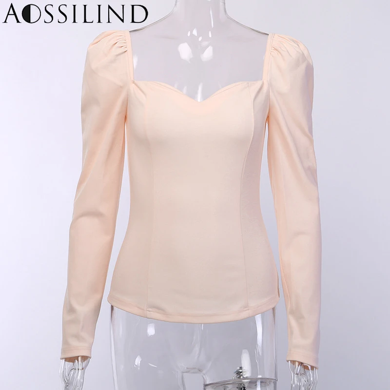 AOSSILIND пикантные черные однотонные топы с длинными рукавами-фонариками и