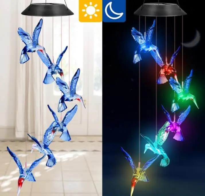

Solar Hummingbird Butterfly Wind Chimes Party Decor Color Changing Outdoor Waterproof Mobile Hanging Pendant Lights 2pcs/lot