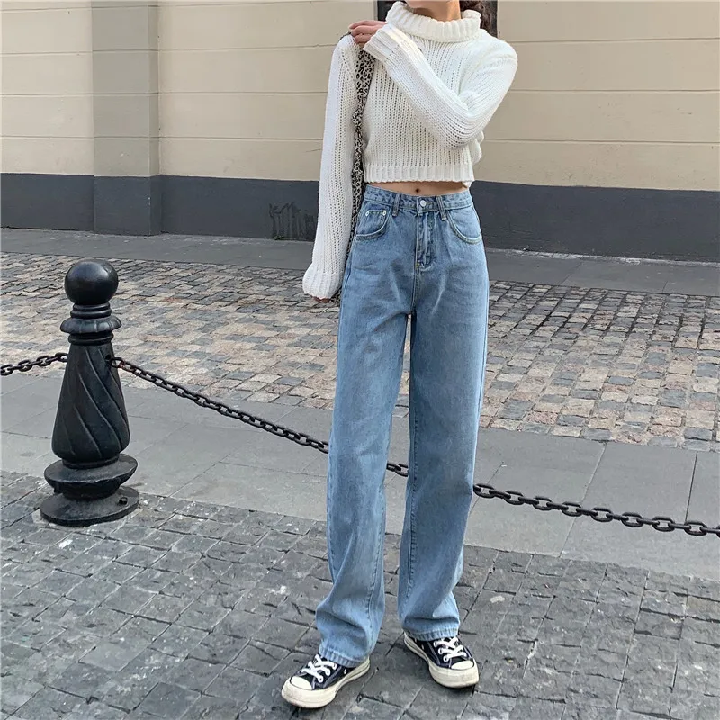 

Spring and Autumn Korean Style 2021 New High Waist Slimming Sense of Design Love Wide Leg Denim Trousers All-Matching Pants