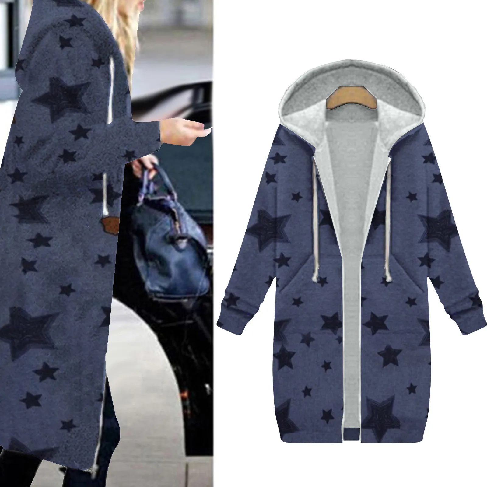 

Women Warm Cotton Jacket Coat Hoodie Navy Blue Star Print Zipper Plush Cardigan Deep Pockets Long Sleeve Coat женская куртка