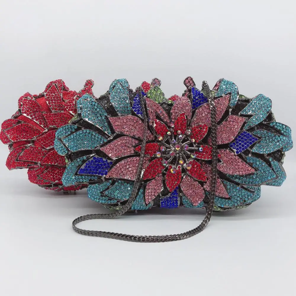 Newest multi color Crystal Diamond Chain Evening Bag Clutch for Women Metal Floral Bridal Shoulder |