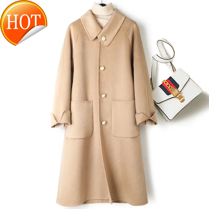 

row asymmetric collar single New personalized pearl button double face wool coat women's medium length