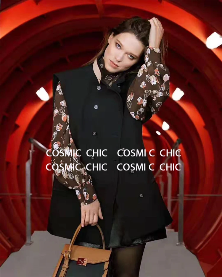 Cosmicchic элегантный офисный женский жилет стоячий воротник жилеты Блейзер двойная кнопка без рукавов карман куртка кожаный воротник женский жилет