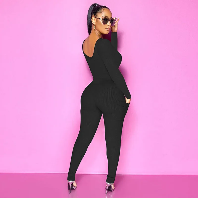 Autumn and Winter Woman Sexy Slim Fit Jumpsuit Nightclub Clothes Solid Color Rompers Skinny Jumpsuit Long Sleeve Bodysuit