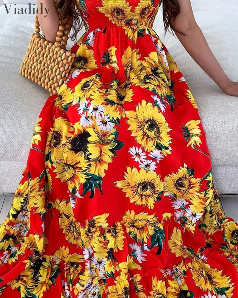 

Women Sexy Open Back Sunflower Print Bandage Boho Maxi Dress Summer Beach Holiday Halter Sleeveless Long Dress