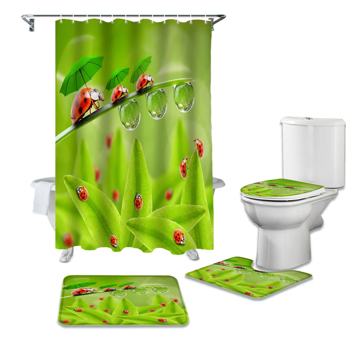 Прочная водонепроницаемая занавеска для душа с зелеными листьями божьей коровки