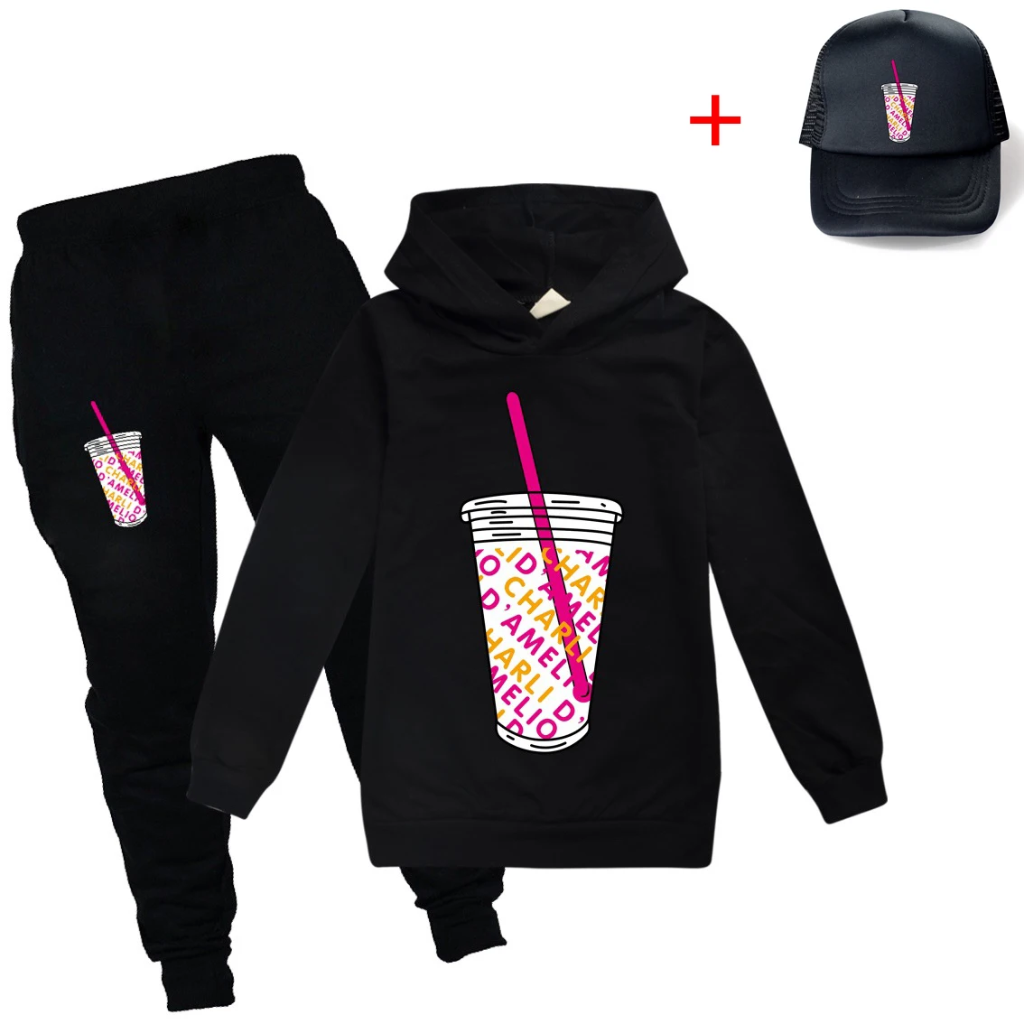 

3pcs/set Pullover and Pants and sun hat Fall Teen fashion Thin Hoodies Cartoon print Sweatshirt For Boys Girls Clothes Fall
