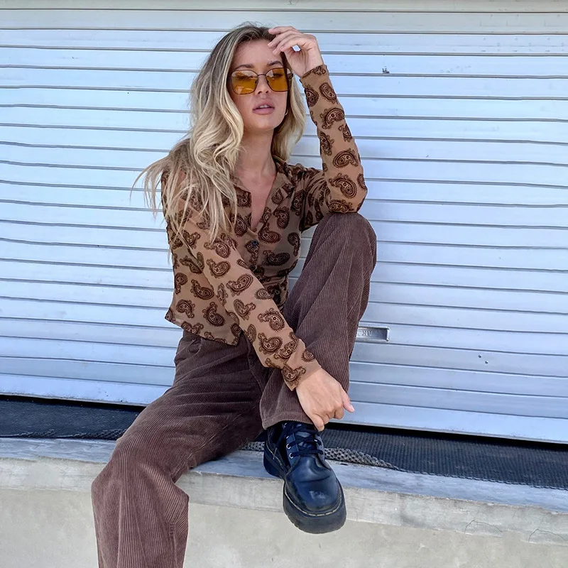 

2021 Summer New Fashion Women's Single-breasted Lapel Cardigan Fashion Print Temperament Slim T-shirt