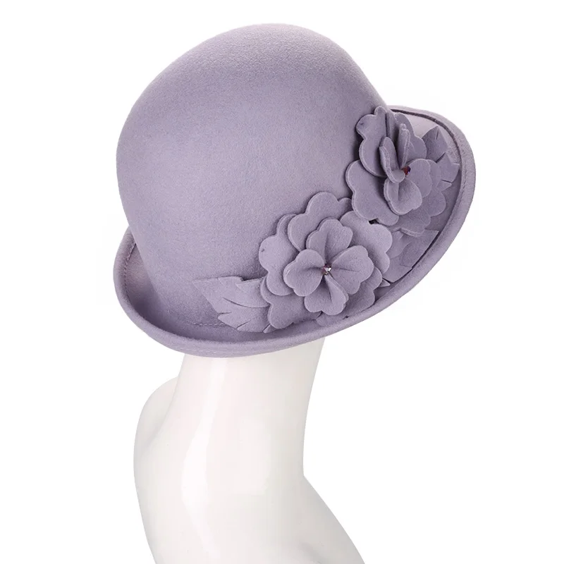 Sedancasesa Wool From Australian Felt Hat for Girls Child Bucket Hats With Flower Decoration Fedoras for Children 52cm