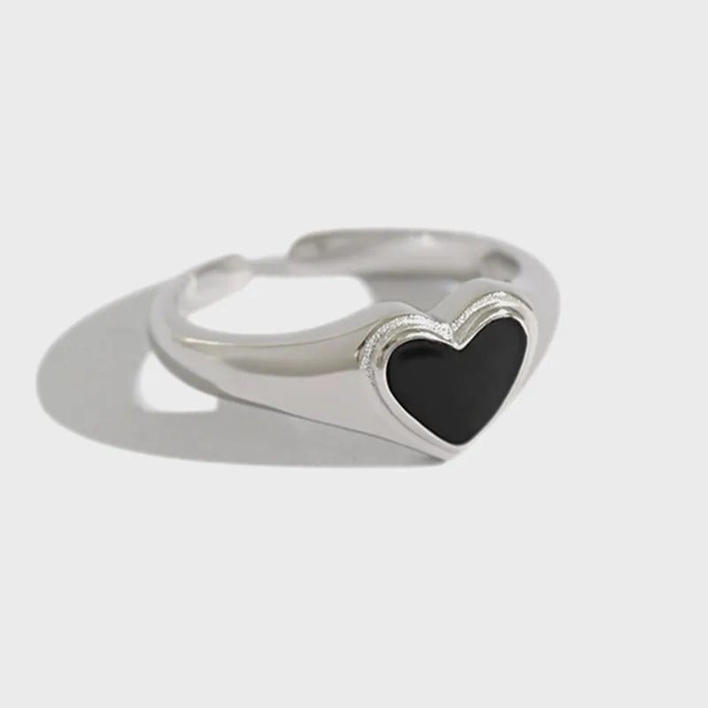 

925 Sterling Silver Heart Black Glaze Open Rings For Women INS Simple Style Handmade Fine Jewelry Flyleaf