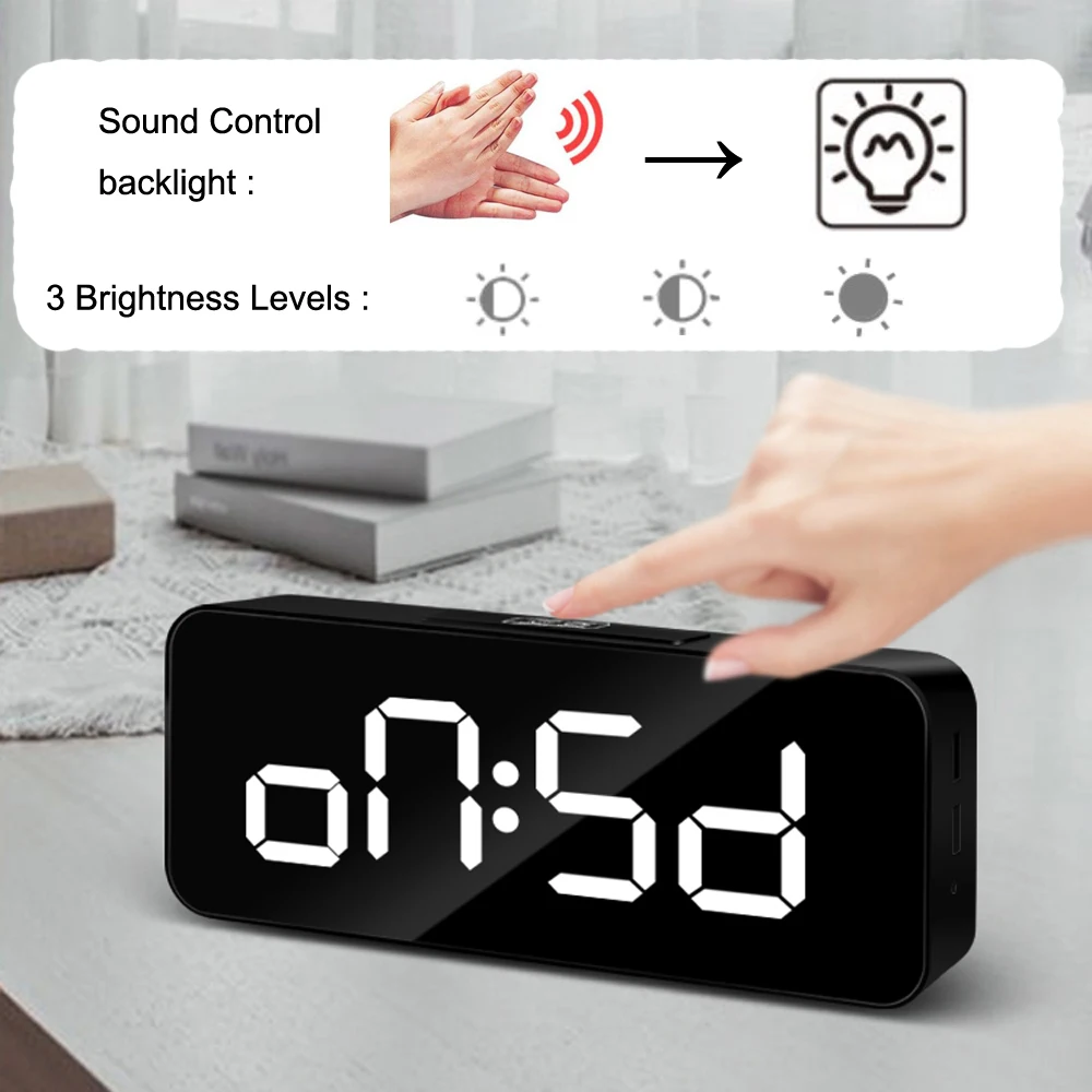 big digital led mirror music alarm clock snooze home wall decoration bedroom desk phone charger clock sound control backlight free global shipping