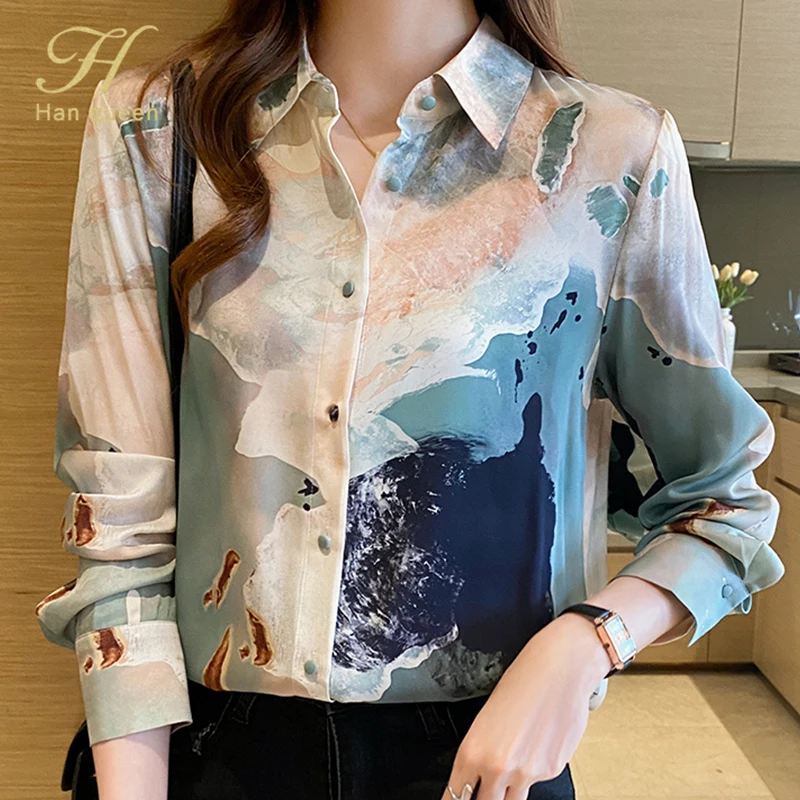 H Han Queen New Gradient Print Shirt Women Blouse Vintage Work Casual Tops Chiffon Blouse Korean Design Long Sleeve Loose Shirts