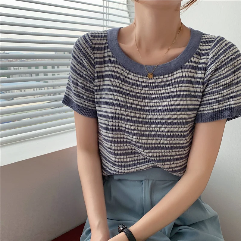 Футболка женская трикотажная в полоску с круглым вырезом | Женская одежда