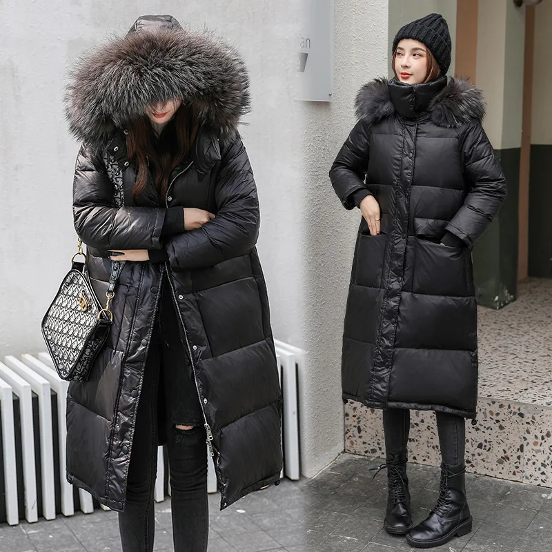 

Женский длинный пуховик на белом утином пуху, теплый пуховик с большим меховым воротником и капюшоном, новинка зимы 2021