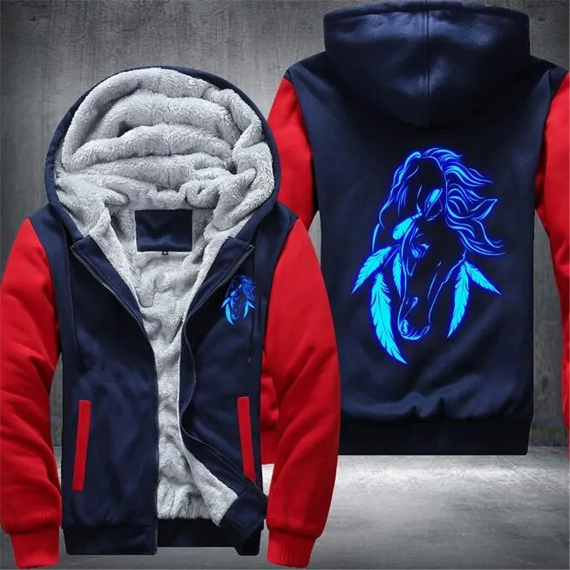 

Horse Glowing Hot Sale Mens Winter Hoodies 2020 Casual Sweatshirts Hooded Zipper Jackets Fleece Sportswear Thicken Warm Outwear