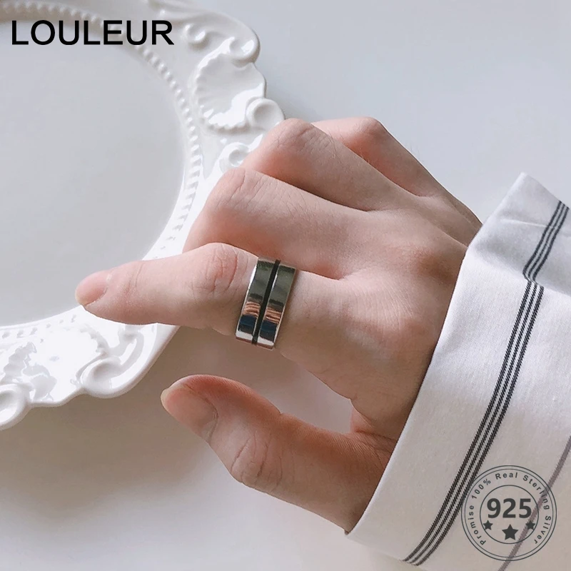 LouLeur Real 925 Silver Sterling Rings Minimalist Line High Quality Wide Ring for Women Casual Office Party Ring Fashion Jewelry